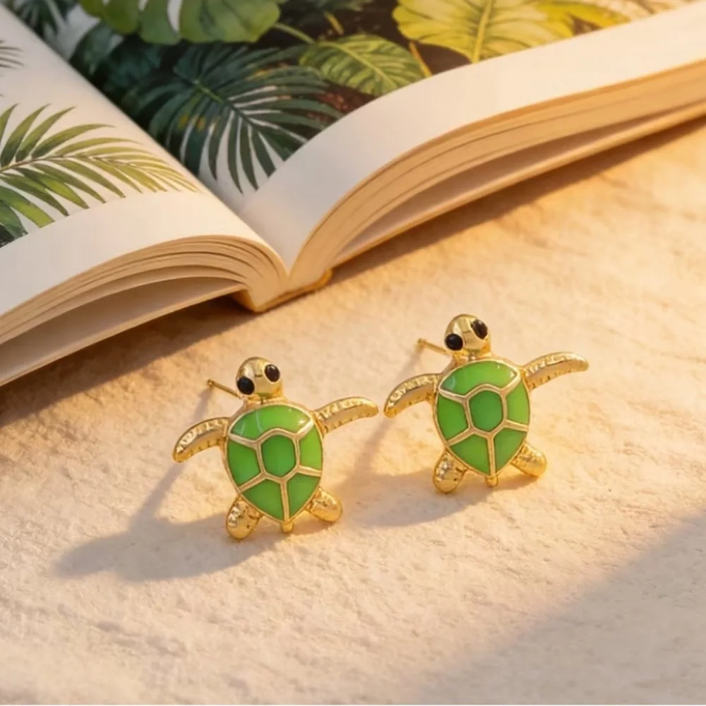 Gold Turtle Stud Earrings with Green Enamel Shell